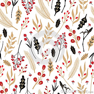 Laurel leaves and spruce twigs Christmas seamless pattern Vector Illustration